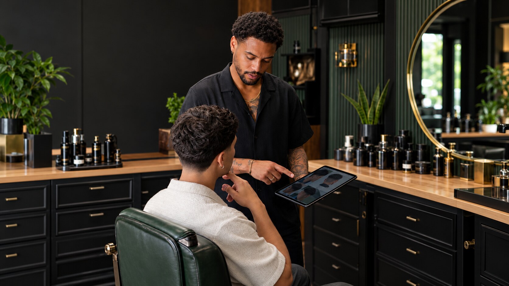 Barber and client reviewing hairstyle options on a tablet