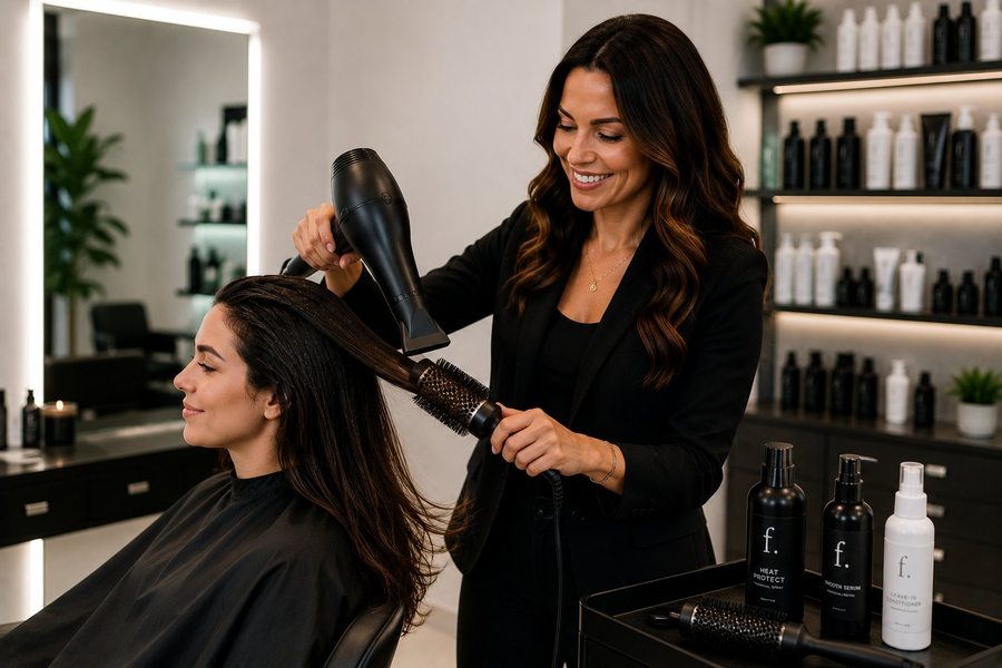 Hairstylist blow-drying a client's hair in a professional salon