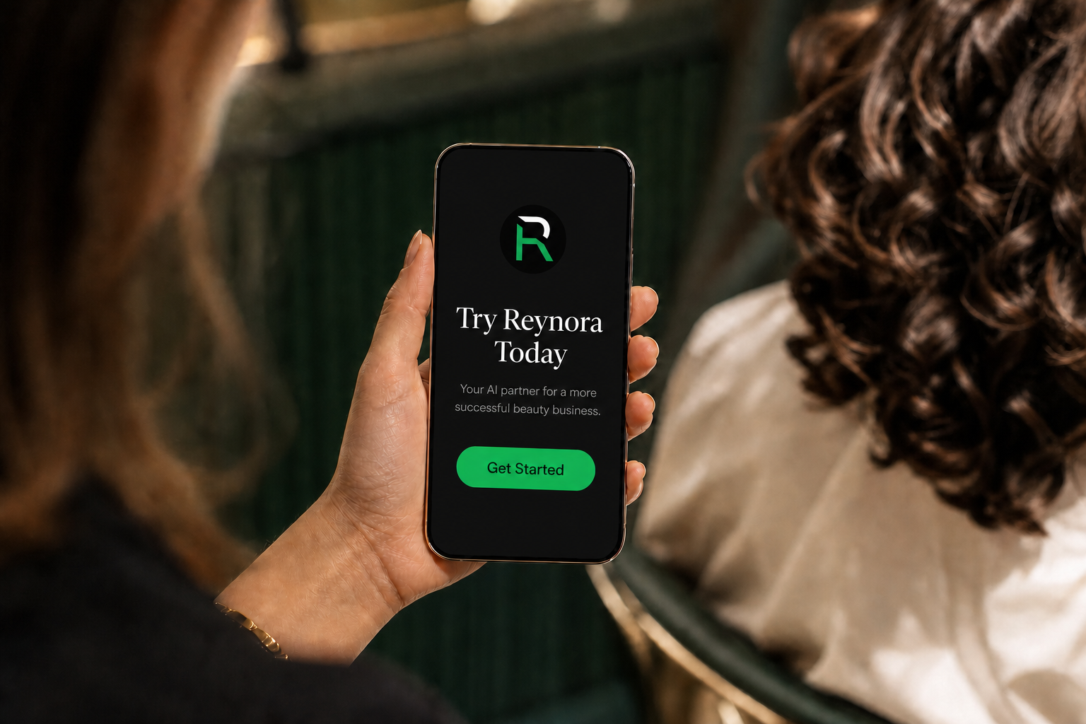 Beauty professional viewing a Reynora mobile preview