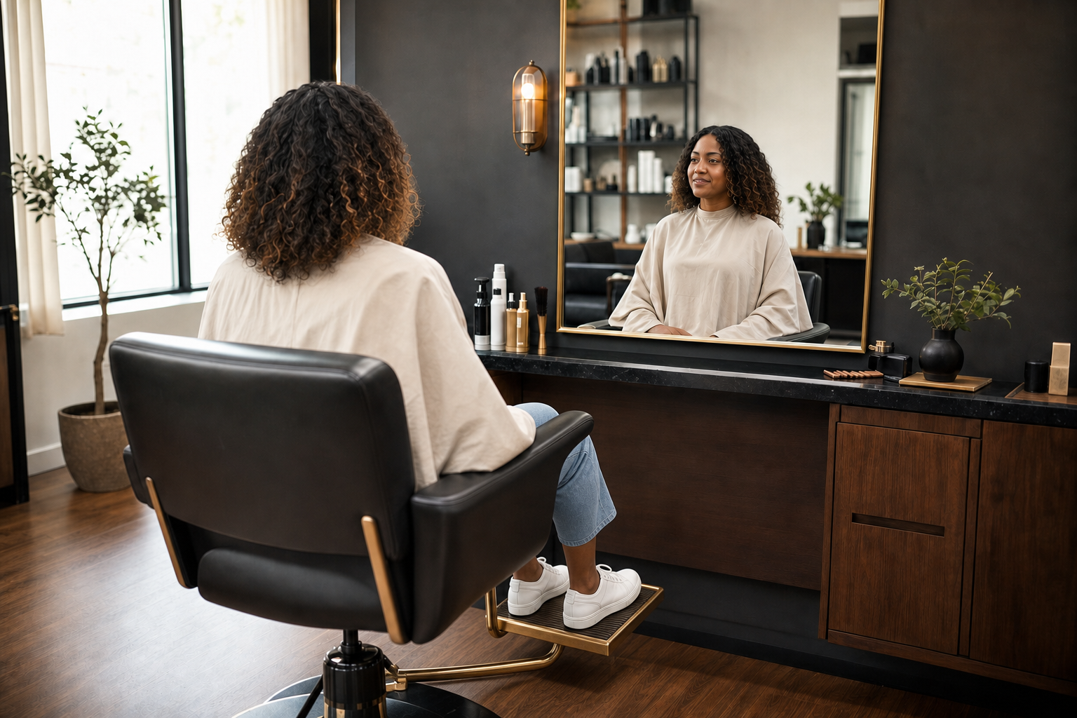 Client seated comfortably before her salon service