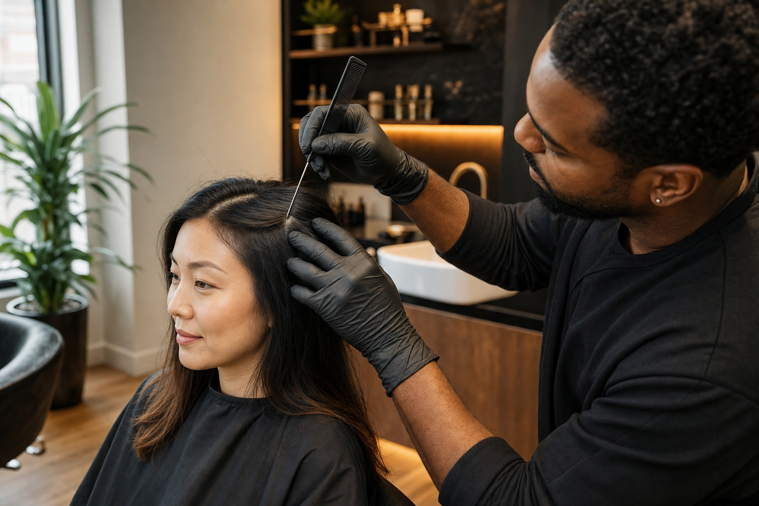 Stylist performing a professional hair and scalp assessment