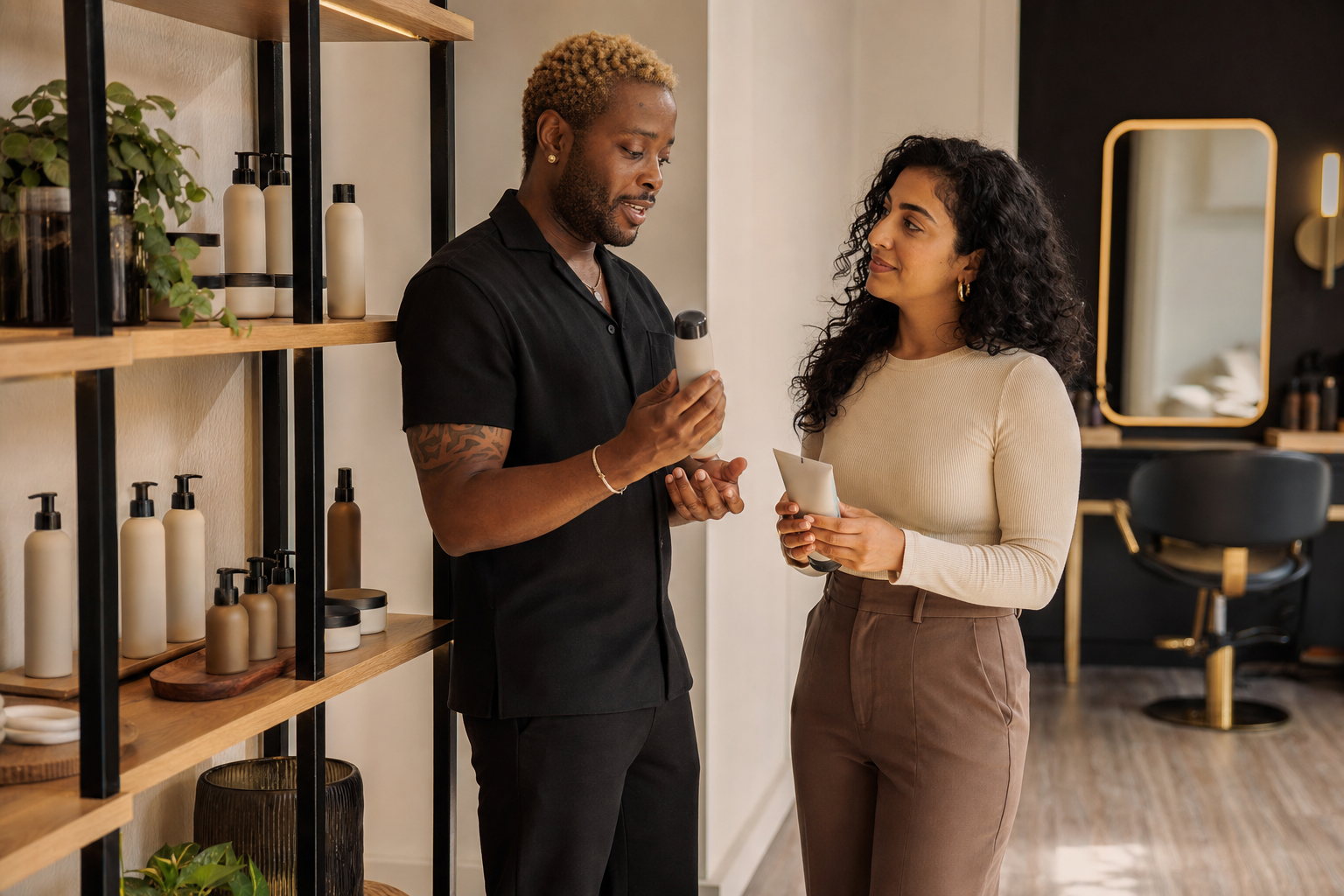 Stylist recommending client aftercare products