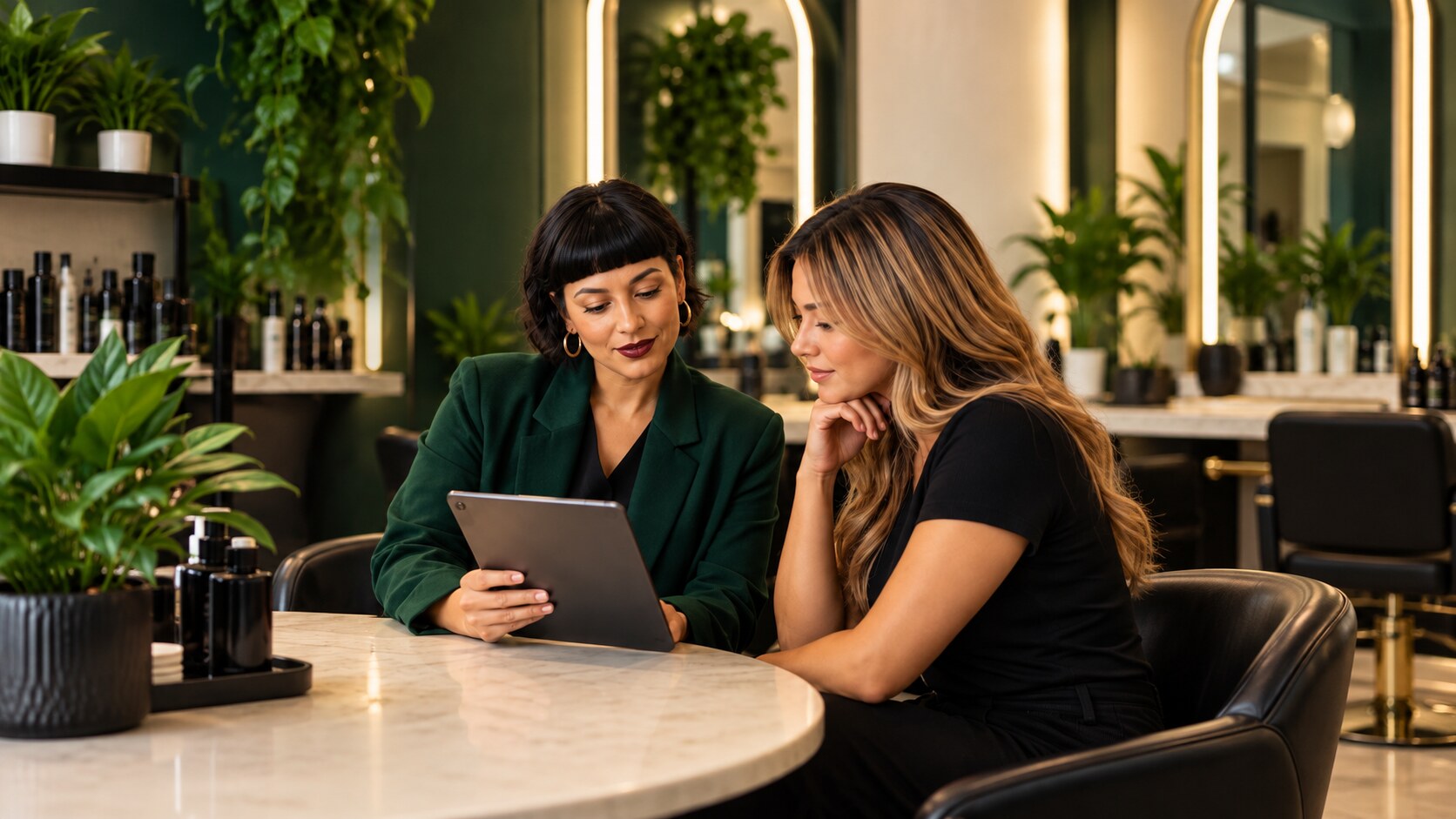 Two beauty professionals reviewing a tablet in a salon